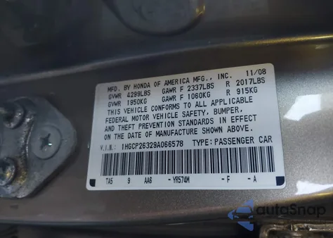 2009 Honda Accord 2.4 Lx z USA, uszkodzony, nr VIN 1HGCP26329A066578